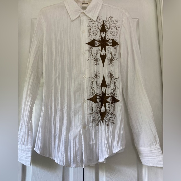 POP ICON Crinkle Long Sleeve Button front White Shirt- Embroidered Cross Sze S - Picture 5 of 12